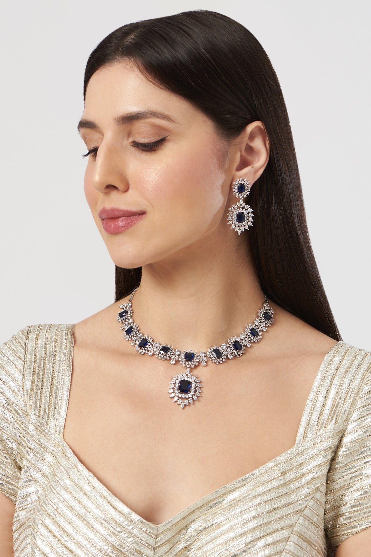 White Finish Sapphire & Zircon Necklace Set