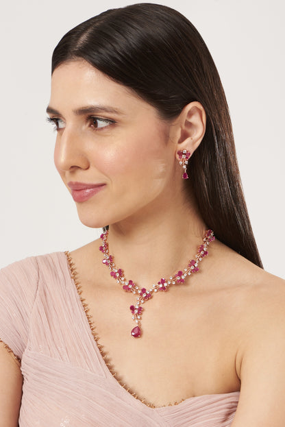 Rose Gold Finish Zircon & Ruby Necklace Set