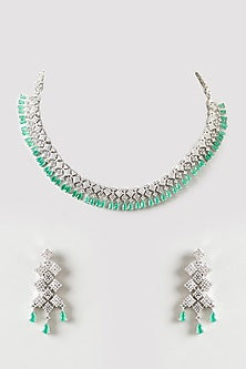 White Finish Emerald & Zircon Choker Necklace Set