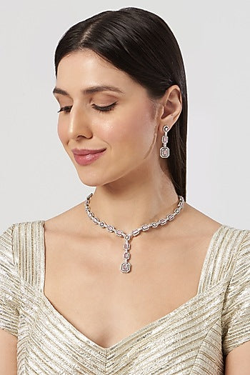 White Finish Zircon & Pink Stone Necklace Set