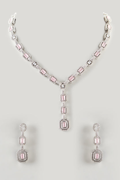 White Finish Zircon & Pink Stone Necklace Set