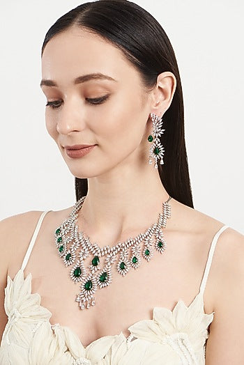 White Finish Zircon & Emerald Necklace Set