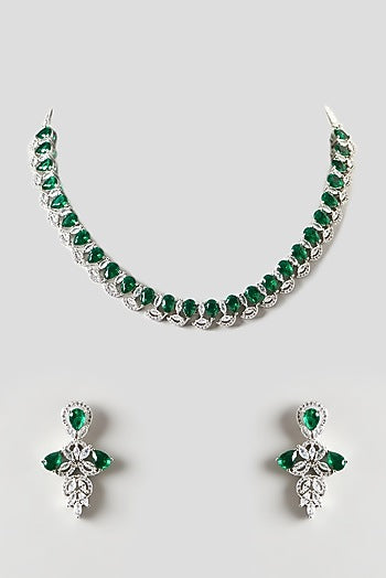 White Finish Zircon & Emerald Necklace Set