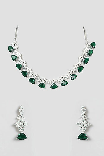 White Finish Zircon & Emerald Necklace Set