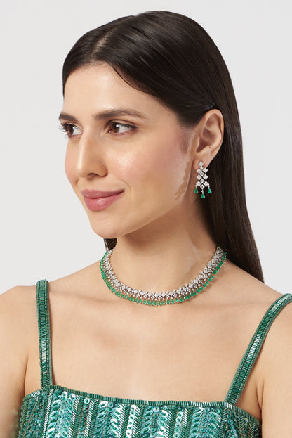 White Finish Zircon & Green Stone Choker Necklace Set