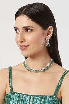 White Finish Zircon & Green Stone Choker Necklace Set