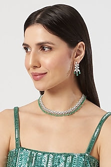 White Finish Zircon & Green Stone Choker Necklace Set