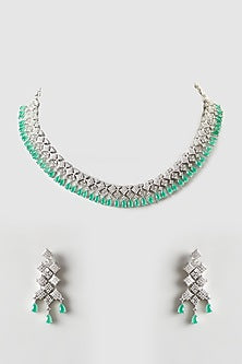 White Finish Zircon & Green Stone Choker Necklace Set
