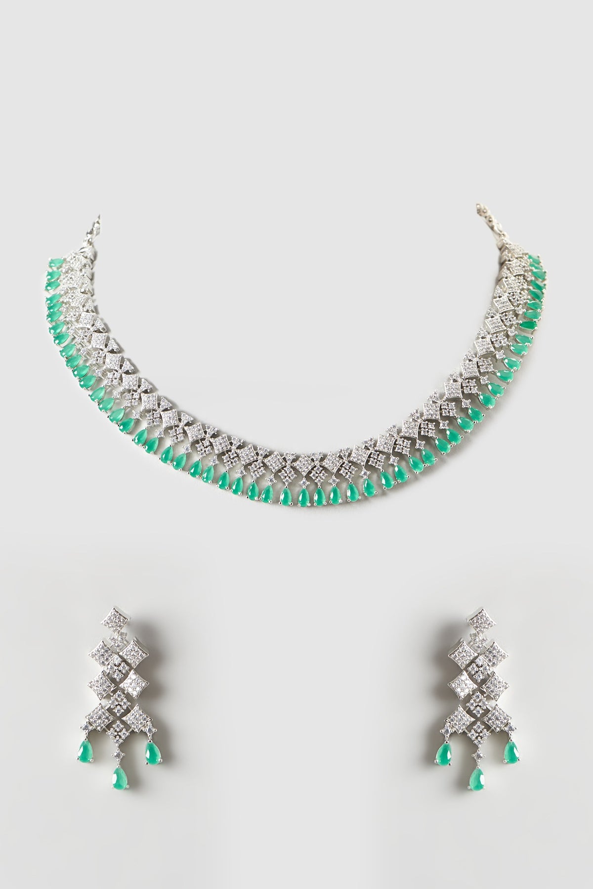 White Finish Zircon & Green Stone Choker Necklace Set