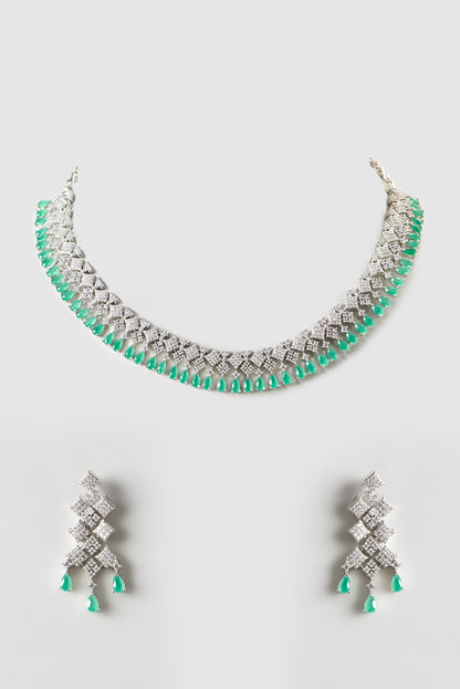 White Finish Zircon & Green Stone Choker Necklace Set