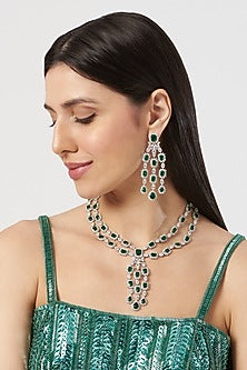 White Finish Emerald & Zircon Long Necklace Set