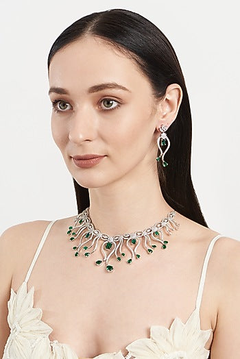 White Finish Zircon & Green Stone Necklace Set