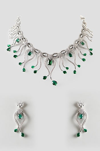 White Finish Zircon & Green Stone Necklace Set