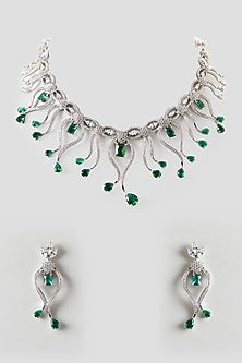 White Finish Zircon & Green Stone Necklace Set