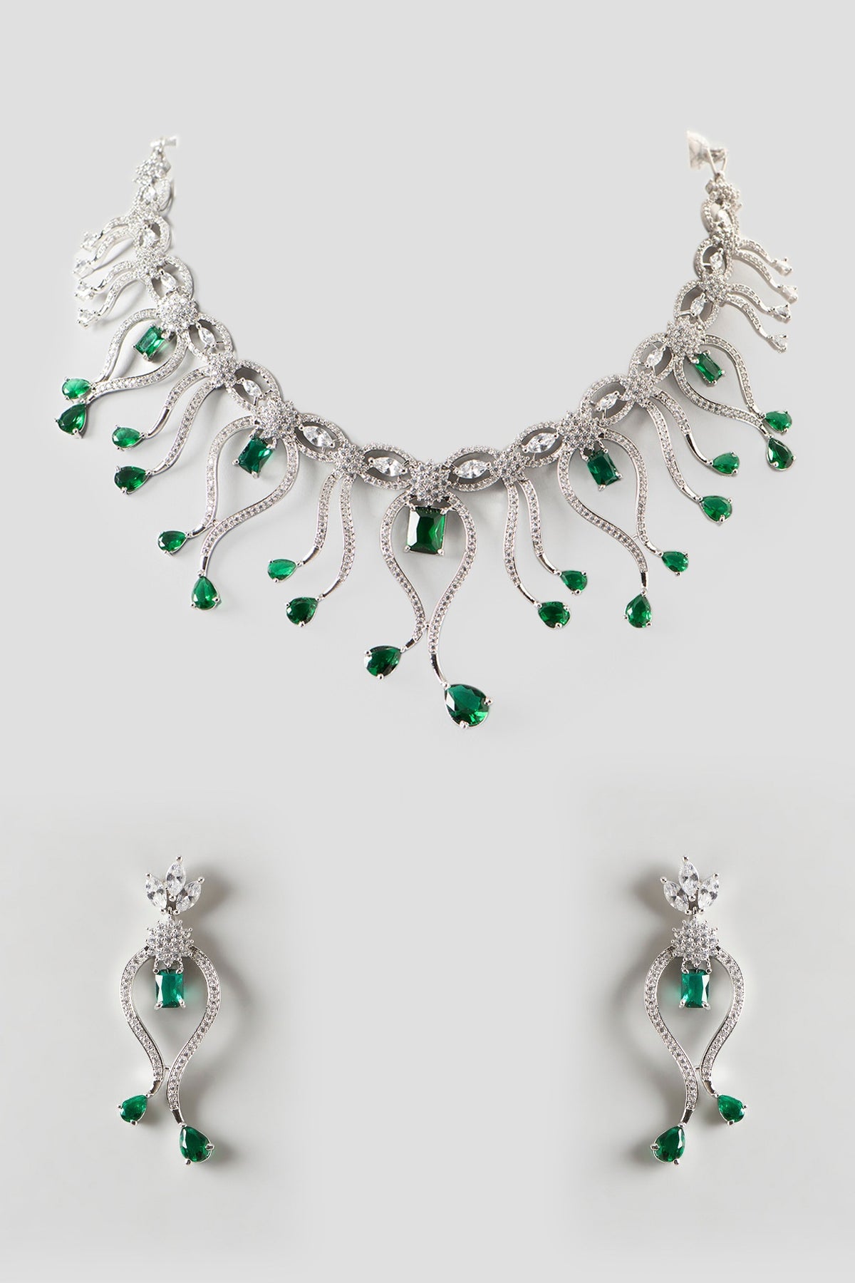 White Finish Zircon & Green Stone Necklace Set