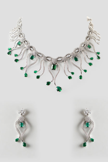 White Finish Zircon & Green Stone Necklace Set