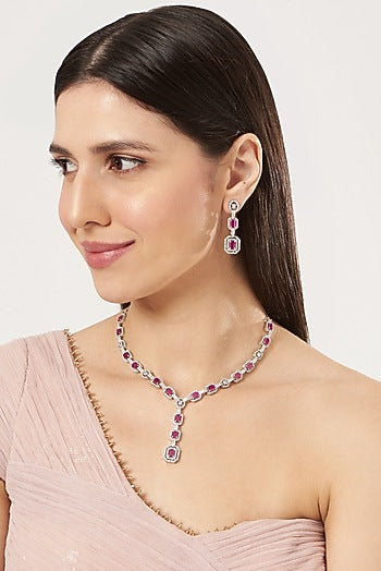 White Finish Zircon & Ruby Synthetic Stone Necklace Set
