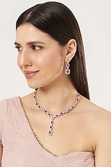 White Finish Zircon & Ruby Synthetic Stone Necklace Set