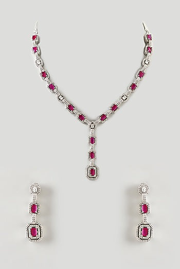 White Finish Zircon & Ruby Synthetic Stone Necklace Set