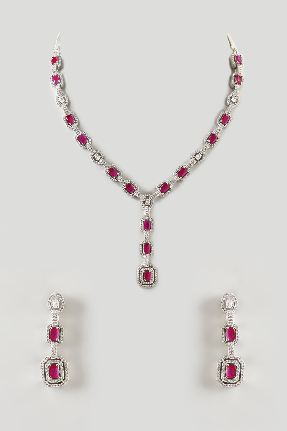White Finish Zircon & Ruby Synthetic Stone Necklace Set