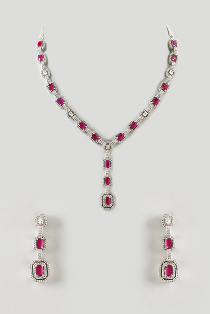 White Finish Zircon & Ruby Synthetic Stone Necklace Set
