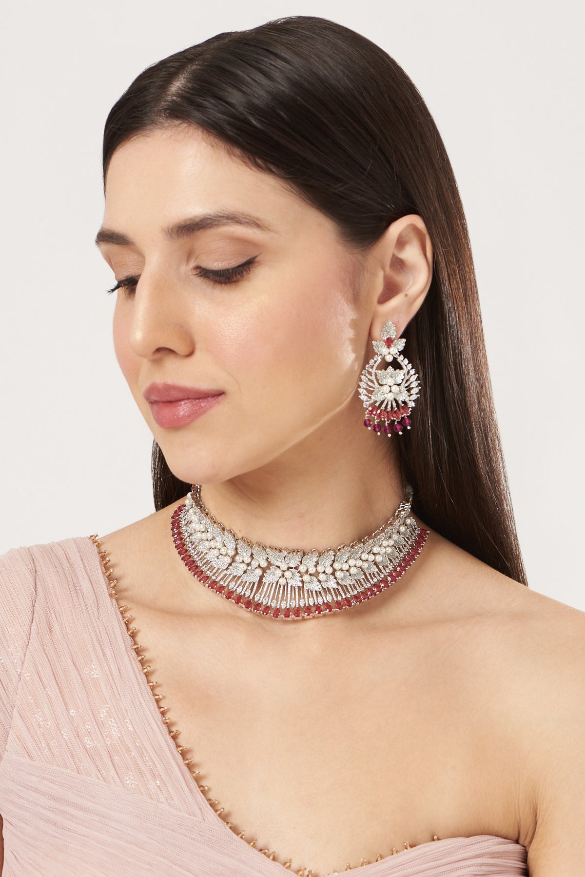 White Finish Zircon & Red Synthetic Stone Choker Necklace Set