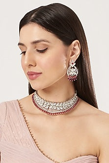 White Finish Zircon & Red Synthetic Stone Choker Necklace Set