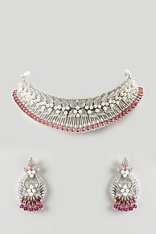 White Finish Zircon & Red Synthetic Stone Choker Necklace Set
