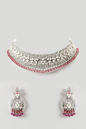 White Finish Zircon & Red Synthetic Stone Choker Necklace Set