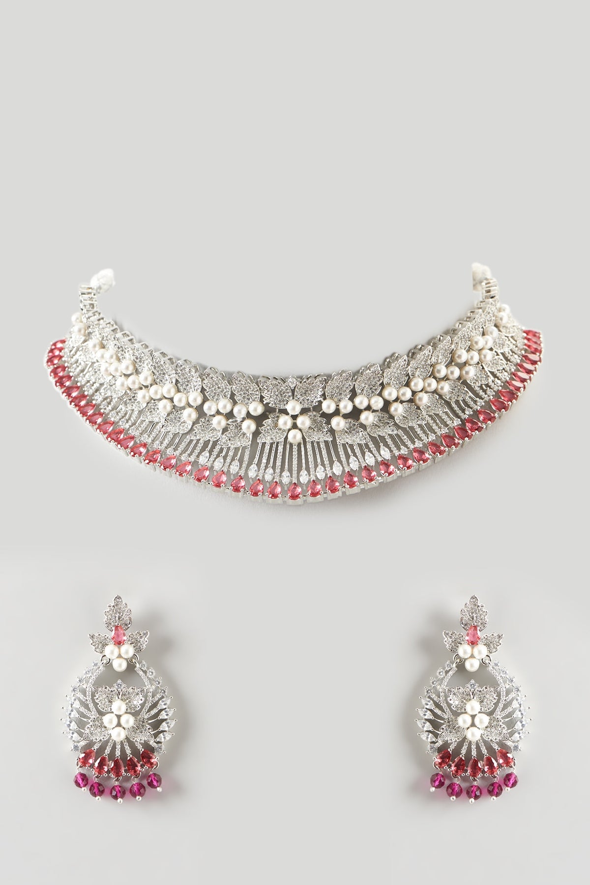 White Finish Zircon & Red Synthetic Stone Choker Necklace Set
