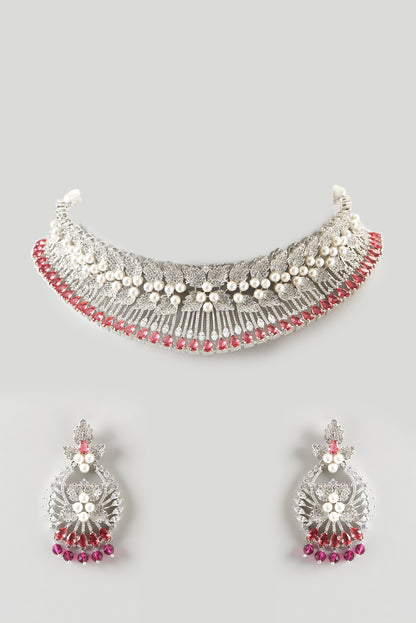 White Finish Zircon & Red Synthetic Stone Choker Necklace Set
