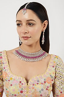White Finish Ruby Stone & Zircon Choker Necklace Set