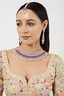 White Finish Ruby Stone & Zircon Choker Necklace Set