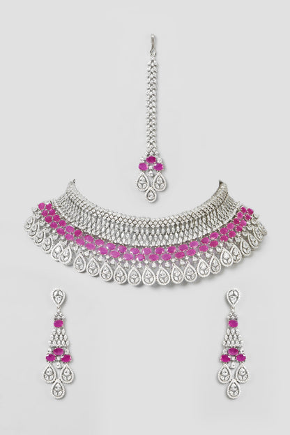 White Finish Ruby Stone & Zircon Choker Necklace Set