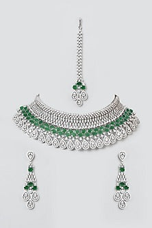 White Finish Emerald & Zircon Choker Necklace Set