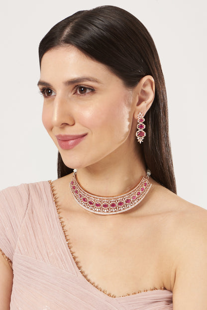 Rose Gold Finish Zircon & Ruby Necklace Set
