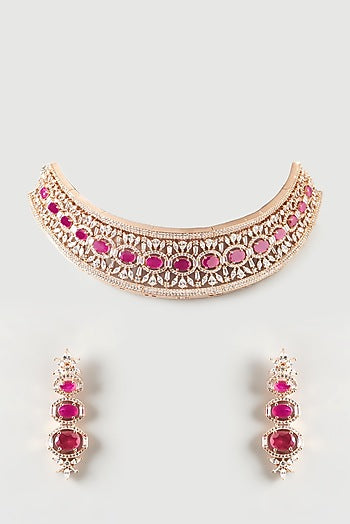 Rose Gold Finish Zircon & Ruby Necklace Set