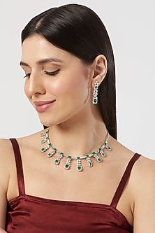 White Finish Zircon & Emerald Choker Necklace Set