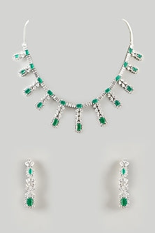White Finish Zircon & Emerald Choker Necklace Set
