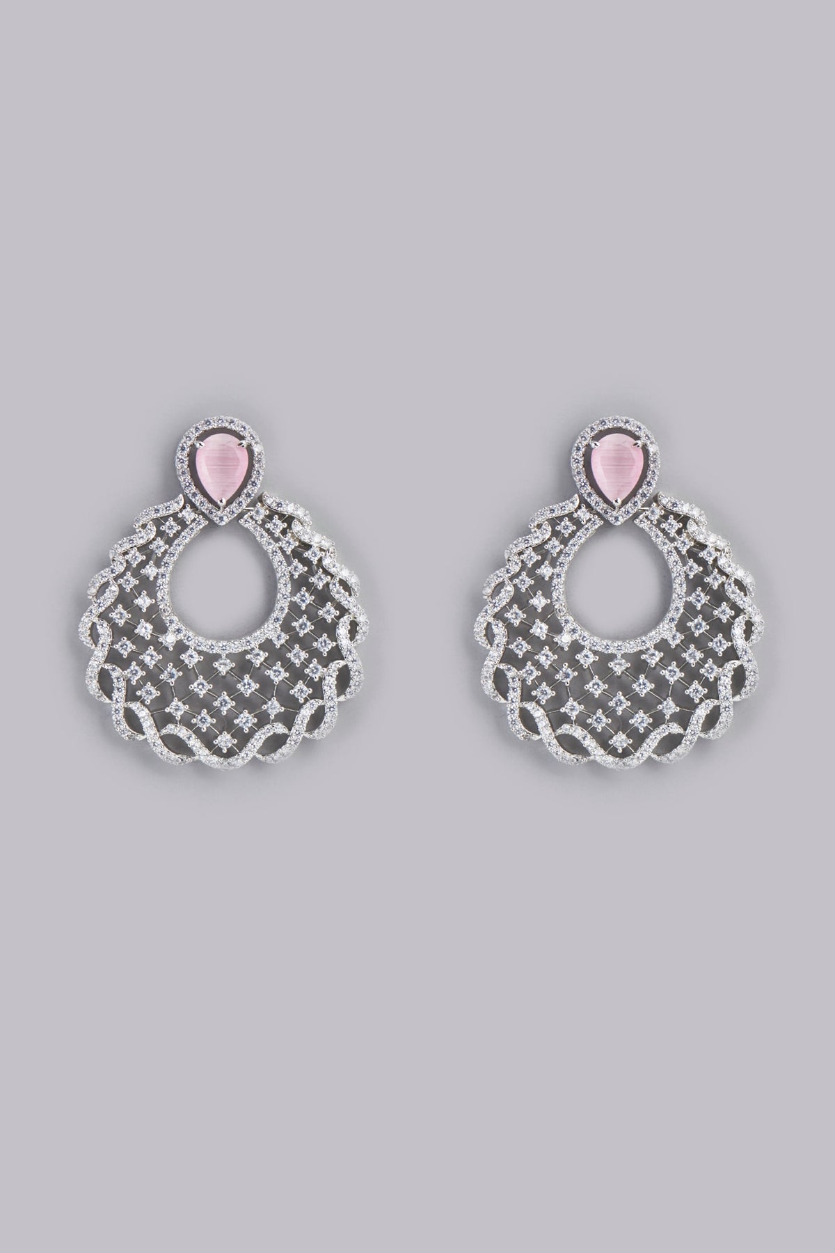 White Finish Pink Stone & Zircon Dangler Earrings