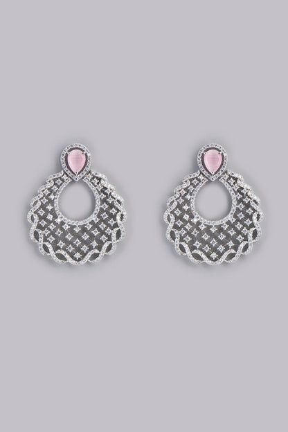 White Finish Pink Stone & Zircon Dangler Earrings