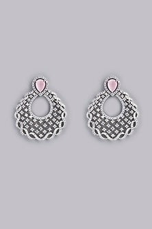 White Finish Pink Stone & Zircon Dangler Earrings