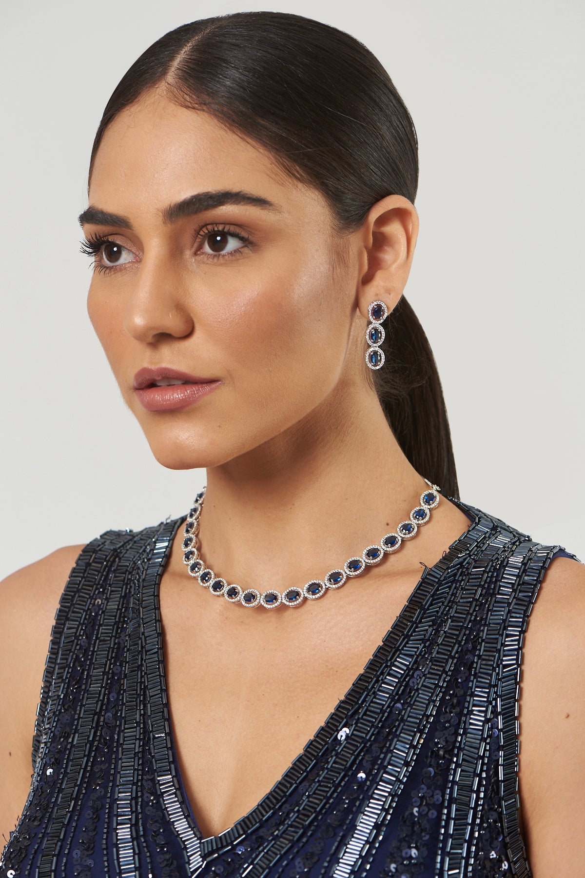 White Finish Blue Stones & Zircon Necklace Set