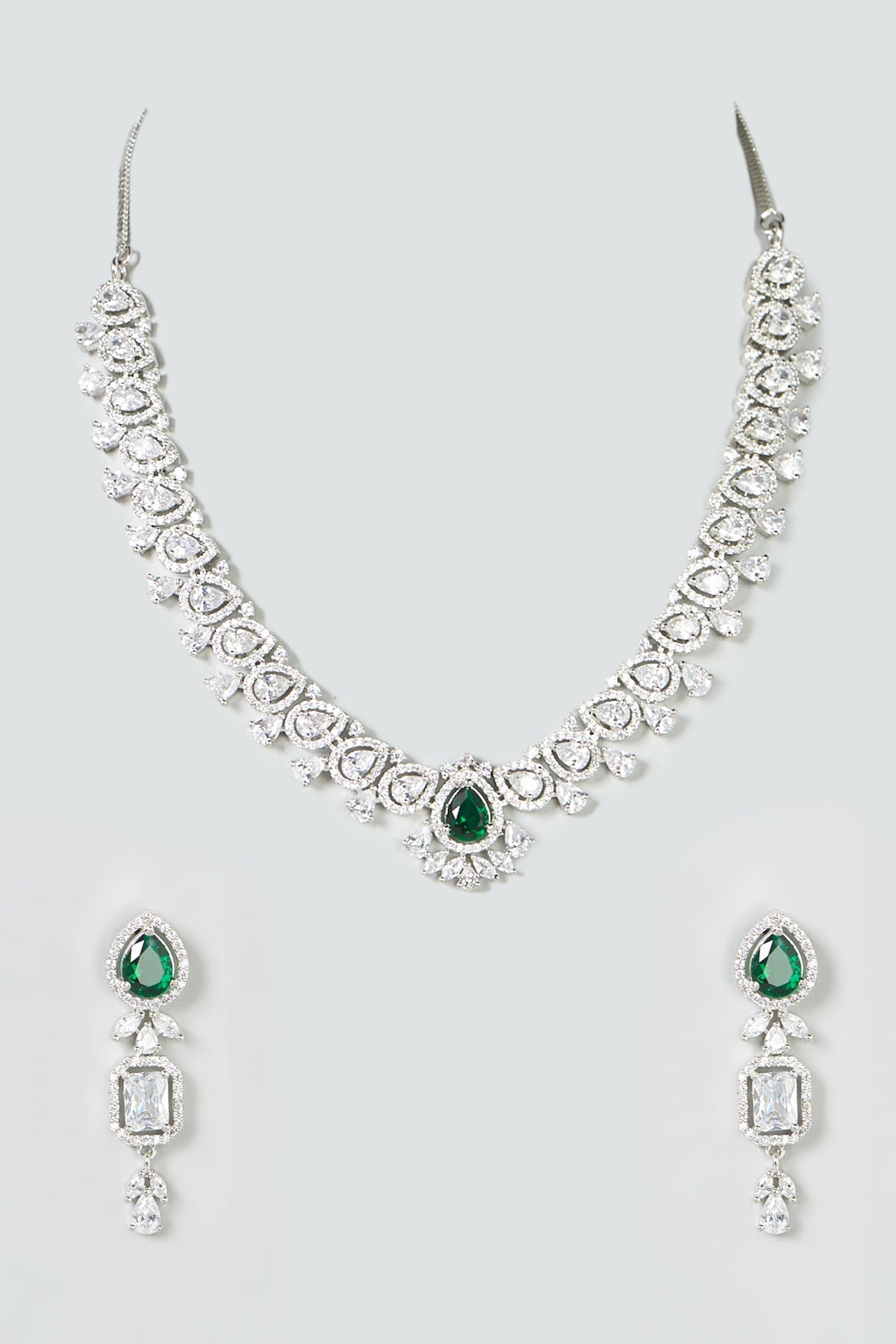 White Finish Green Stone & Zircon Necklace Set