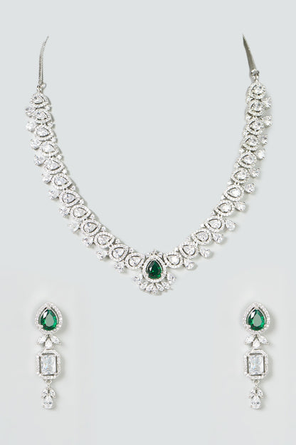 White Finish Green Stone & Zircon Necklace Set