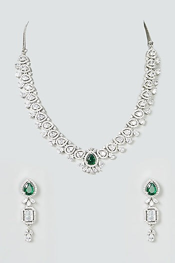 White Finish Green Stone & Zircon Necklace Set