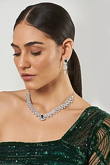 White Finish Green Stone & Zircon Necklace Set