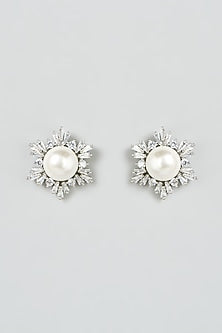 White Finish Faux Diamond & Pearl Stud Earrings