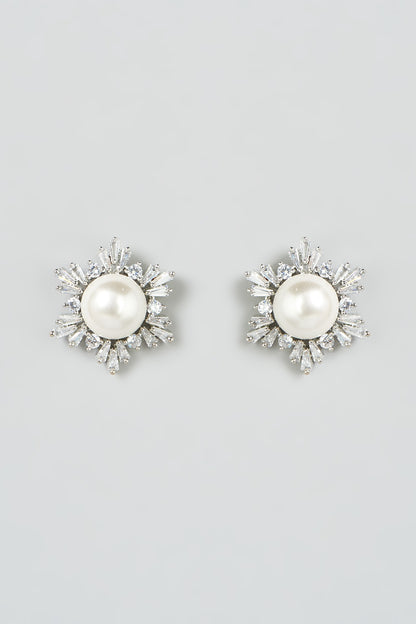 White Finish Faux Diamond & Pearl Stud Earrings