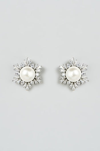 White Finish Faux Diamond & Pearl Stud Earrings